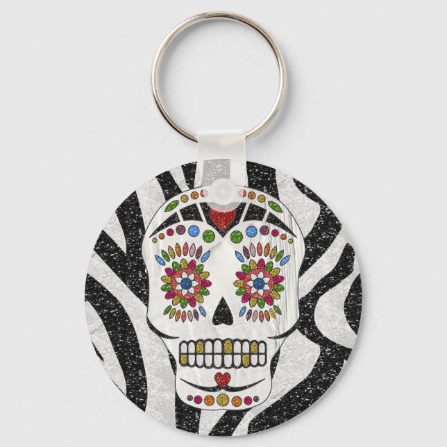 Porte-clés Crâne de sucre Rockabilly RAB sur impression zèbre (Recto)