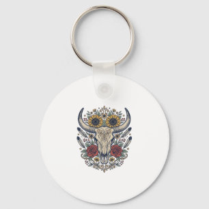 Porte-clés Crâne de taureau floral vintage western