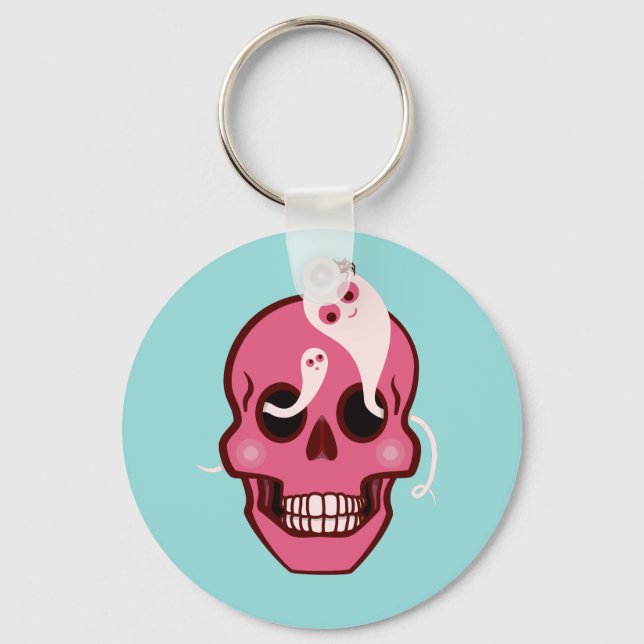 Porte-clés Crâne Rose Cute Avec Araignée Et Fantômes Dans Les (Recto)
