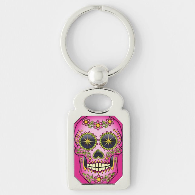 Porte-clés Crâne sucre Magenta Floral (Devant)