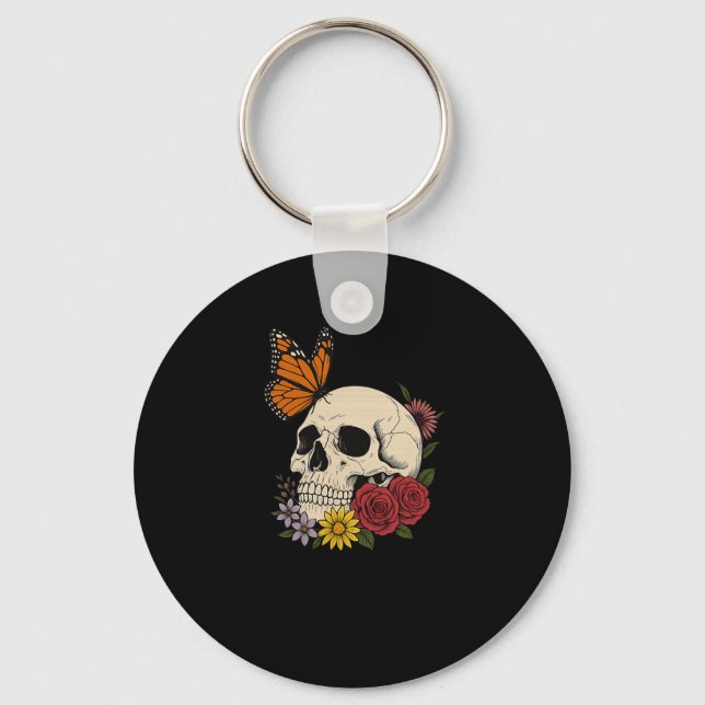 Porte-clés Crânes Papillon Monarque Fleurs Halloween Hommes F (Recto)