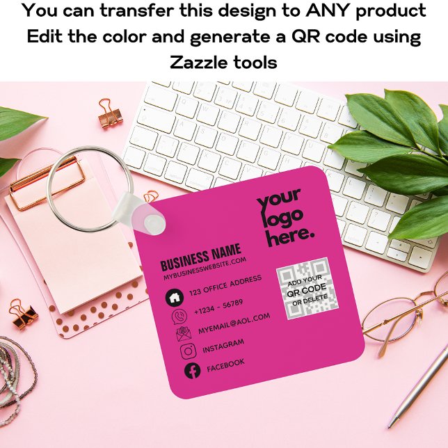 Porte-clés Create Own CERISE PINK QR CODE Business Card Logo  (Créateur téléchargé)