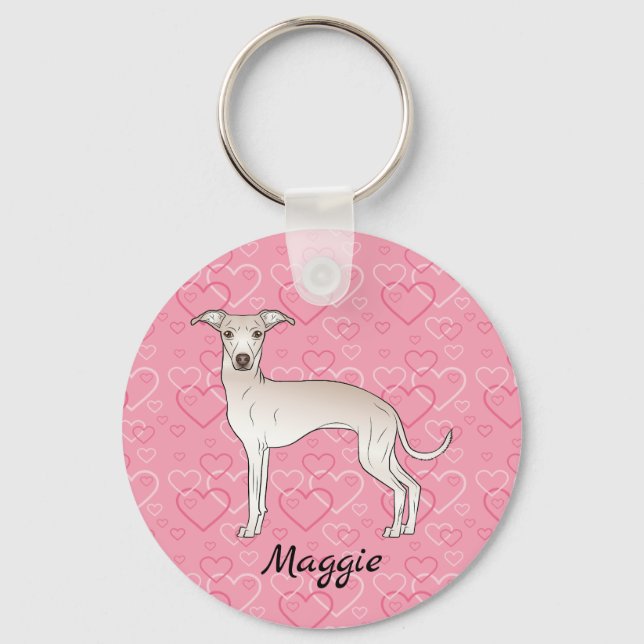 Porte-clés Crème Italien Greyhound Chien Cute Sur Coeur Rose (Recto)