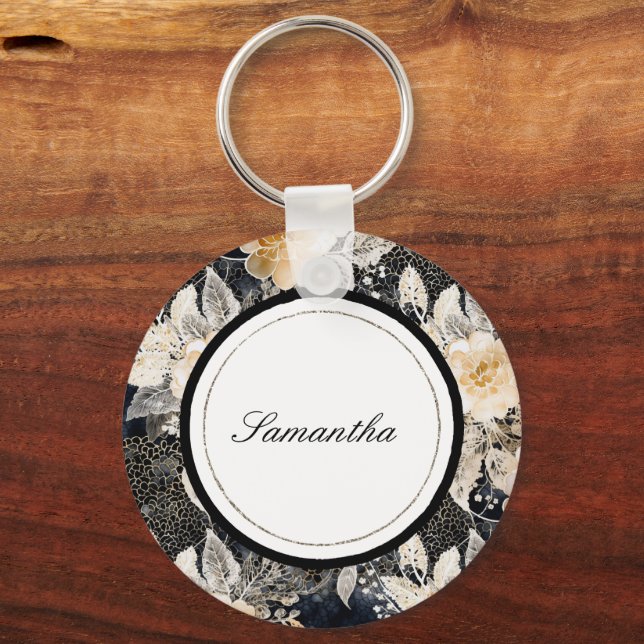 Porte-clés Crème noire léopard animal floral (Recto)