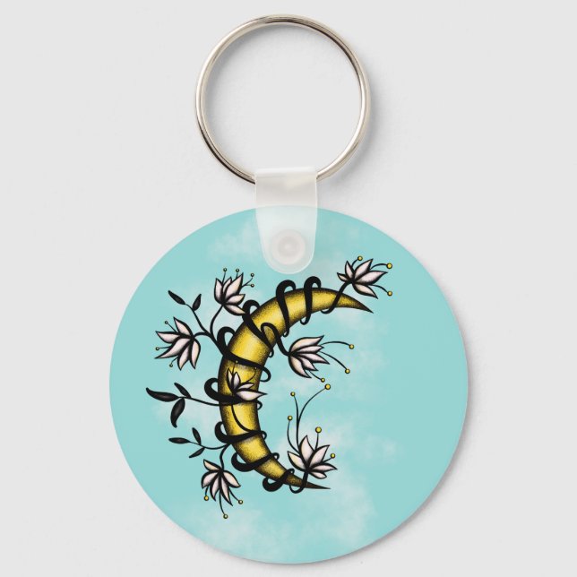 Porte-clés Crescent Lune Enveloppée Dans Fleurs Tatouage Styl (Recto)