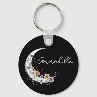 Porte-clés Croissant de lune floral Nom personnalisé sur fond