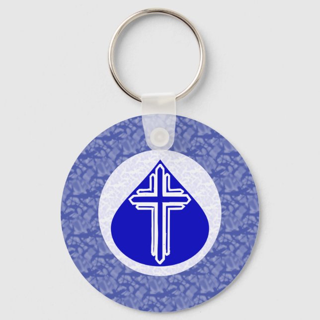 Porte-clés Croix blanche dans une larme bleue Fond bleu (Recto)