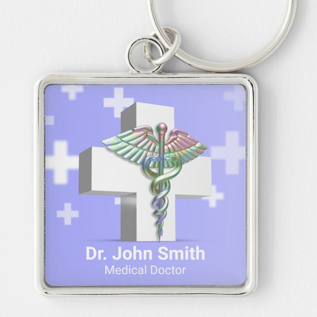 Porte-clés Croix-Blanche de Caduceus Médicale en 3D (Devant)