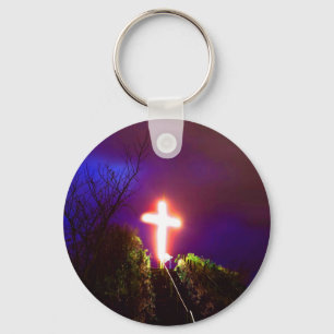 Porte-clés Croix brillante à la nuit Dieu aime