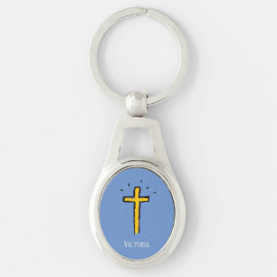 Porte-clés Croix chrétienne dorée Nom personnalisé bleu 