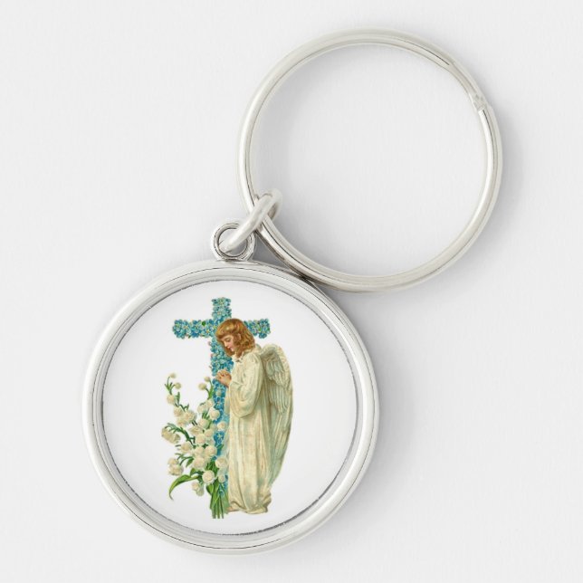 Porte-clés Croix chrétienne fleurie bleue (Devant)
