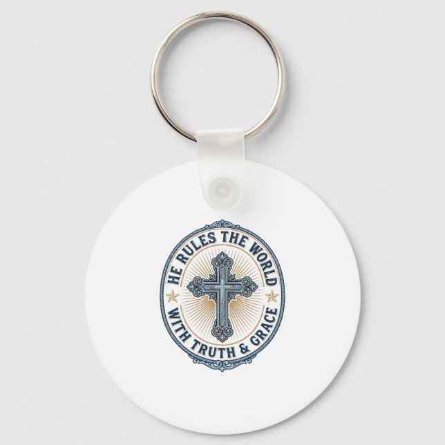 Porte-clés Croix Chrétienne Il Règne sur le Monde (Recto)