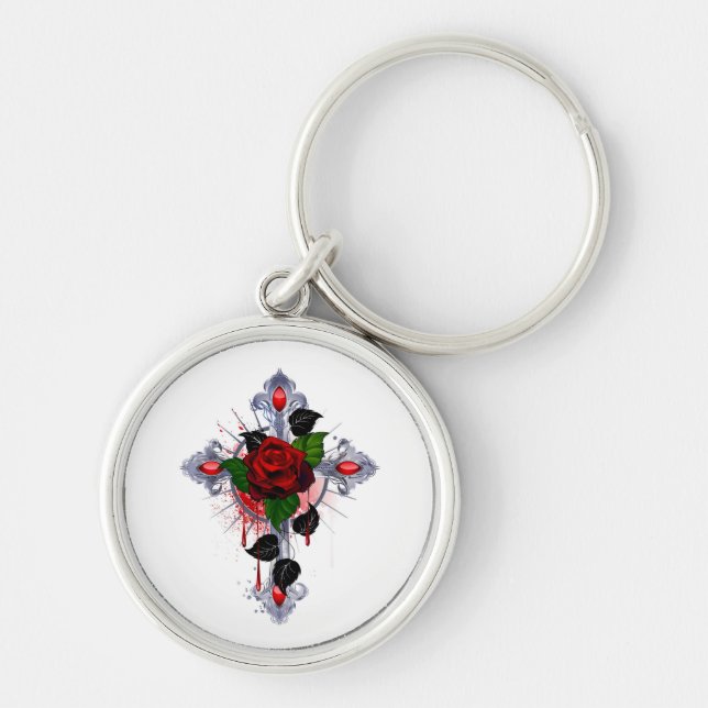 Porte-clés Croix d'argent avec une rose rouge (Devant)