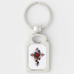 Porte-clés Croix d'argent avec une rose rouge