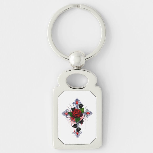 Porte-clés Croix d'argent avec une rose rouge (Devant)