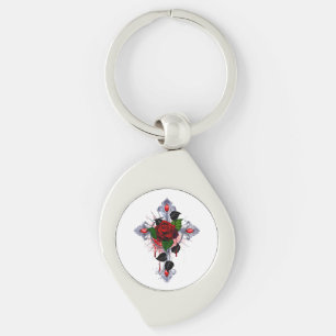 Porte-clés Croix d'argent avec une rose rouge