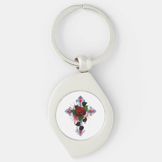 Porte-clés Croix d'argent avec une rose rouge (Devant)
