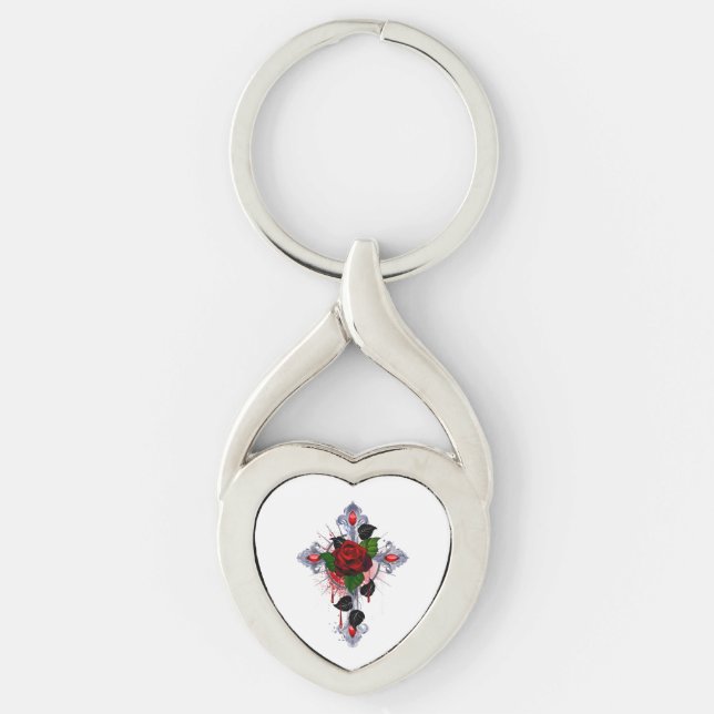 Porte-clés Croix d'argent avec une rose rouge (Devant)