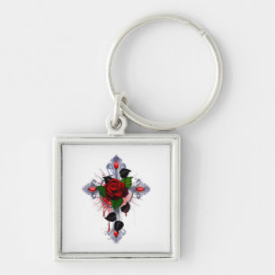 Porte-clés Croix d'argent avec une rose rouge