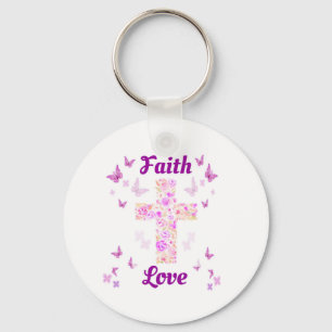 Porte-clés Croix de foi et d'amour des Roses avec papillon ro