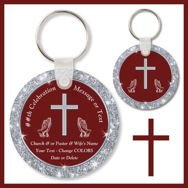 Porte-clés Croix de prières de l'église Anniversaire Souvenir (Church anniversary Ideas. Burgundy and Silver, Church party favors. Cheap church keychains. Cross)
