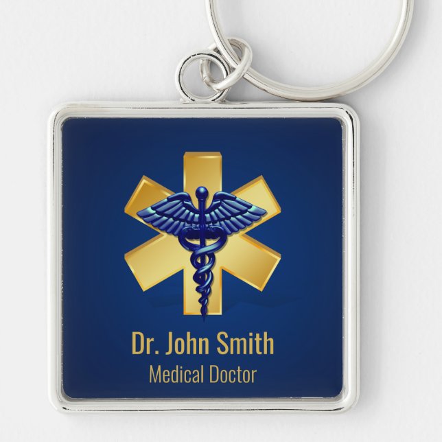 Porte-clés Croix d'or bleue Médicale 3D Caduceus (Devant)