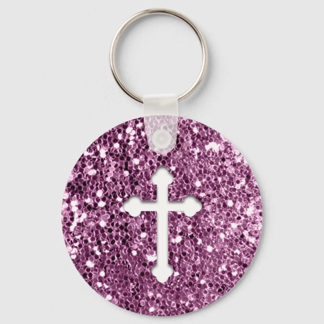 Porte-clés Croix en blanc sur rose Parties scintillant (Recto)