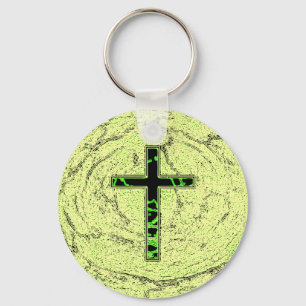 PORTE-CLÉS CROIX NOIRE ET VERTE AVEC ARRIÈRE - PLAN EN MARBRE
