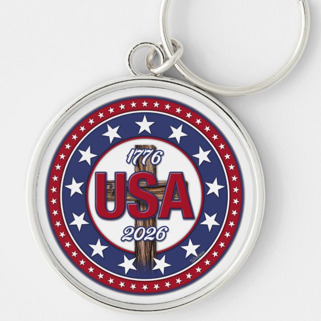 Porte-clés Croix robuste USA 1776-2026 (Devant)