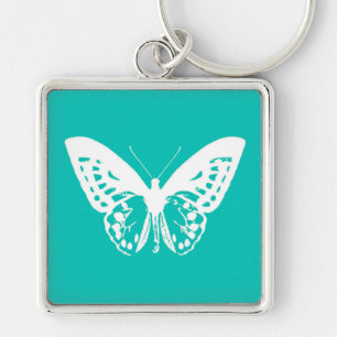 Porte-clés Croquis de papillon, bleu turquoise et blanc