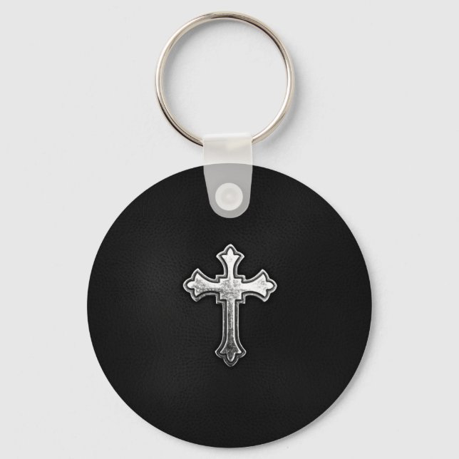Porte-clés Crucifix métallique sur cuir noir (Recto)