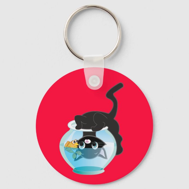 Porte-clés Cuite chaton caricaturale, poisson et bol (Recto)