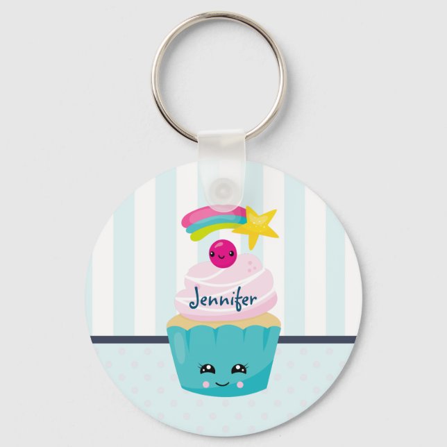 Porte-clés Cupcake bleu mignon avec visage Kawaii (Recto)