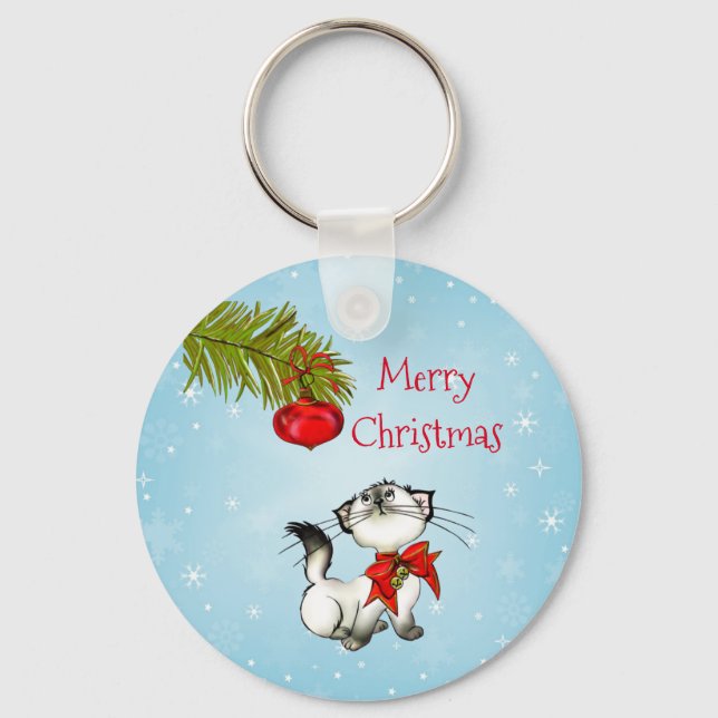 Porte-clés Curieux Kitty de Noël Avec Un Bow Rouge (Recto)