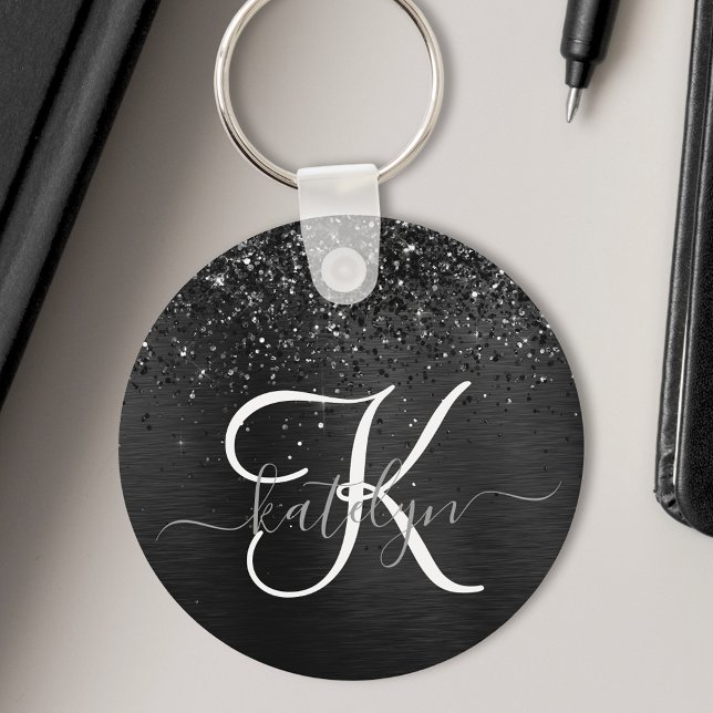 Porte-clés Custom Black Glitter Sparkle Monogram (Créateur téléchargé)