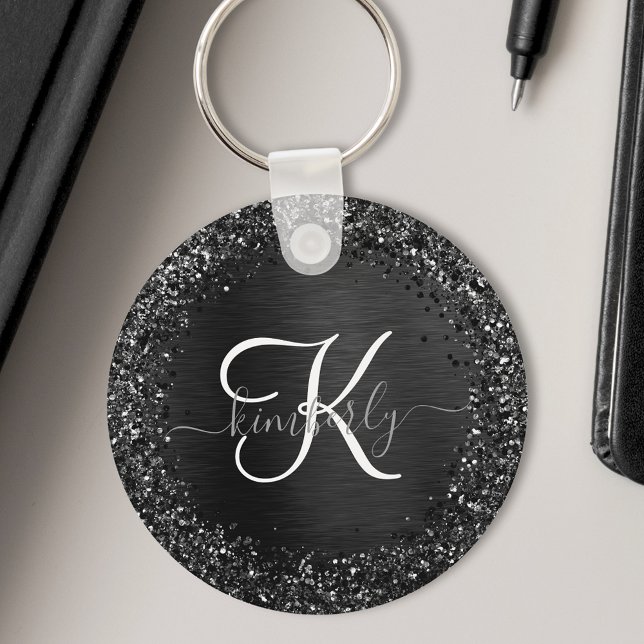 Porte-clés Custom Black Glitter Sparkle Monogram (Créateur téléchargé)