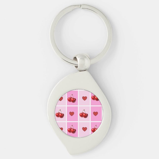 Porte-clés Custom Cherry Heart Checkerboard Pattern (Devant)