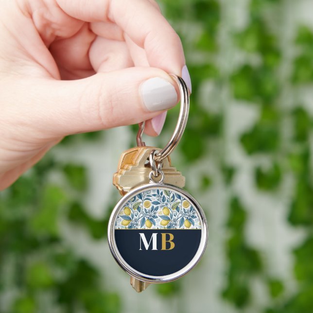 Porte-clés Custom Elegant Mediterranean Lemon Botanical Navy (main)