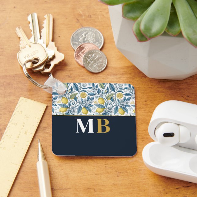 Porte-clés Custom Elegant Mediterranean Lemon Botanical Navy (Bureau)