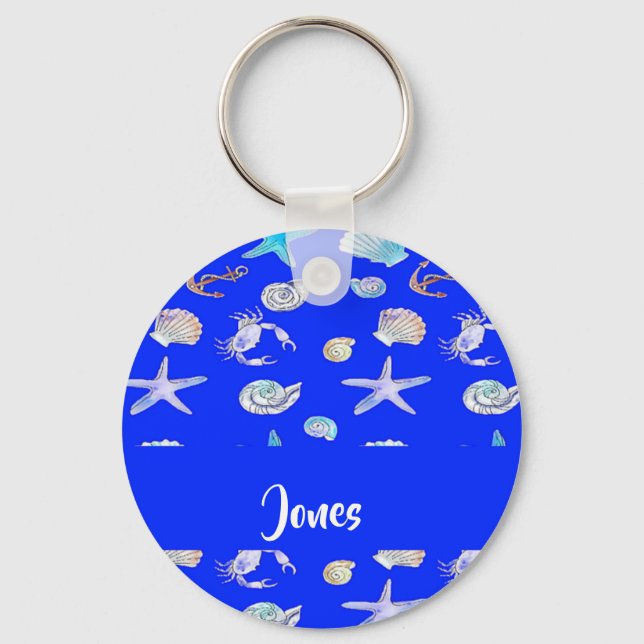 Porte-clés Custom name nautical print on blue (Recto)