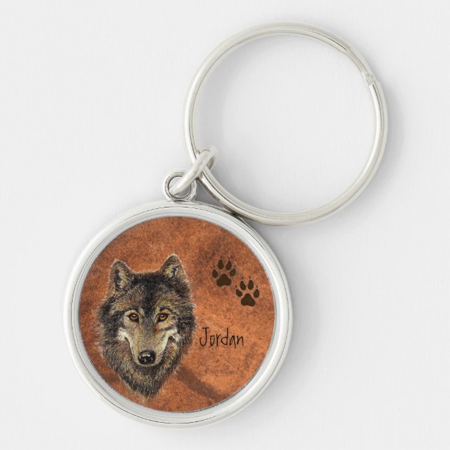 Porte-clés Custom Name Personalized Wolf & Tracks Keychain (Devant)