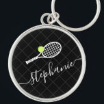 Porte-clés Custom Name Tennis Ball Racket Monogram<br><div class="desc">Black and white personalized keychain with a tennis racket monogram in an elegant and cute calligraphy script font with a subtle net pattern background.</div>