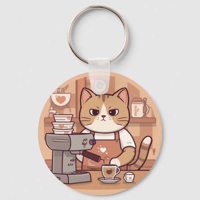 Porte-clés Cute and Funny Cozy Cartoon Barista Cat  (Recto)