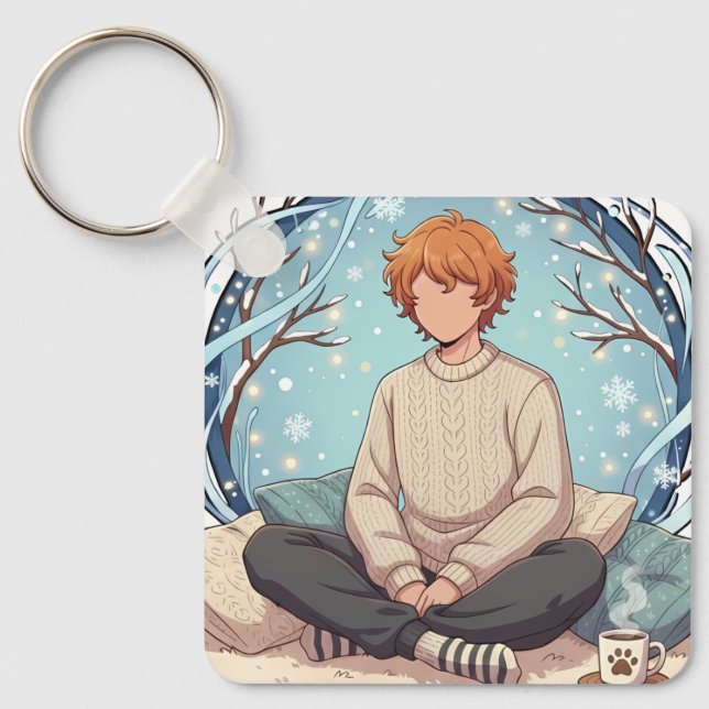Porte-clés Cute Anime Boy Drinking Coffee in Winter (Recto)