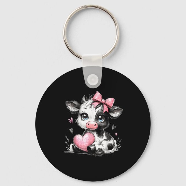 Porte-clés Cute Baby Cow With Nk Coquette Bow Holding Heart  (Recto)