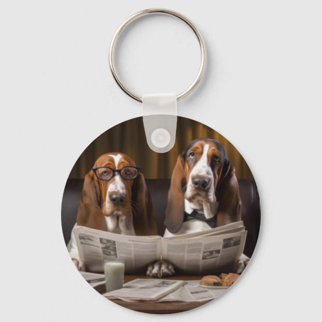 Porte-clés Cute basset hounds lecture de l'actualité (Recto)