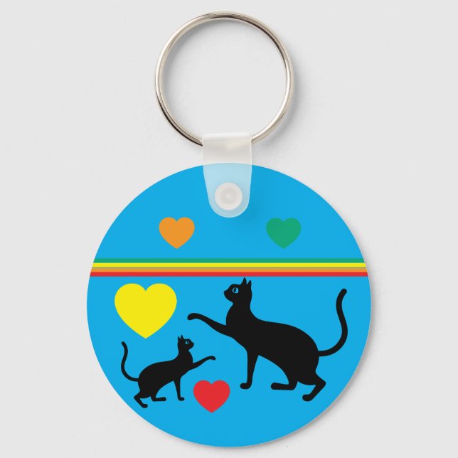Porte-clés Cute Black Cats & Rainbow Shapes Blue Keychain (Verso)