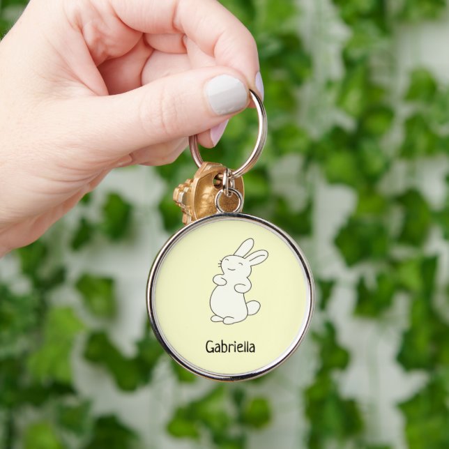 Porte-clés Cute blanc lapin nom personnalisé jaune (Main)