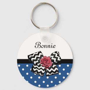Porte-clés Cute Bleu Pois Rouge Rose Chevron Bow et nom