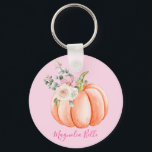 Porte-clés Cute Blush Pink Spring Floral Little Pumpkin Name<br><div class="desc">Cute and rustic blush pink floral Little Pumpkin keychain featuring an orange peach pumpkin with pink and cream roses and green leaves. Your custom name is written in an elegant hand lettered pink script. You can change the text color and font style and size of the name using the customize...</div>